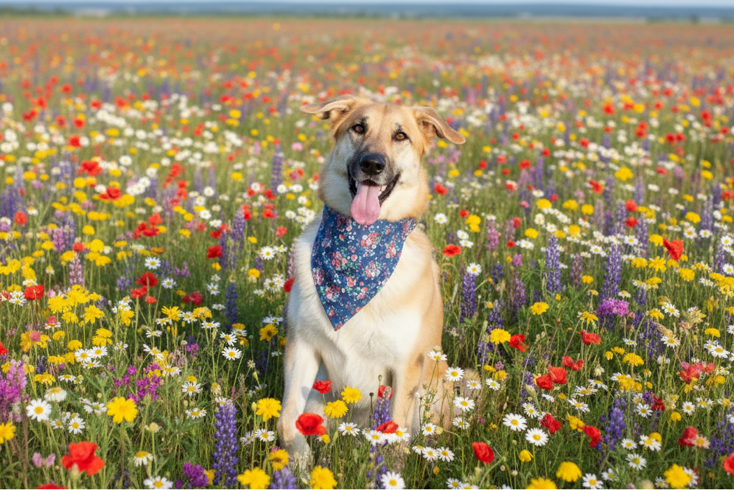 Dog with bandana in wildflower field - landscape