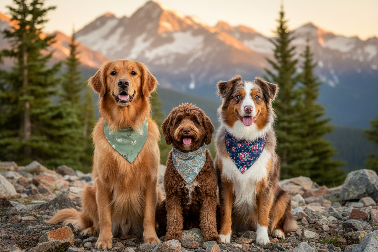 Three dogs with bandanas on rocky mountain terrain
