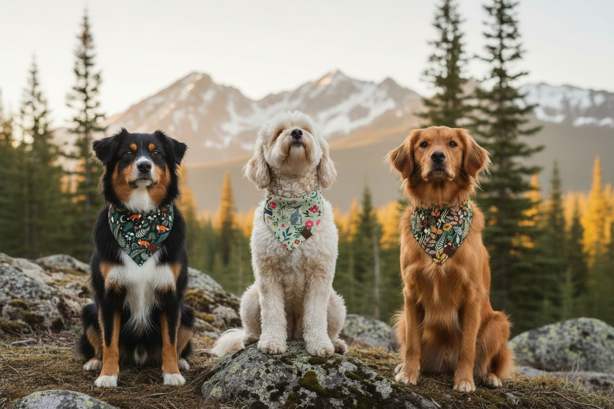 Your Exact Goldendoodle and Aussie in Mountain Scene